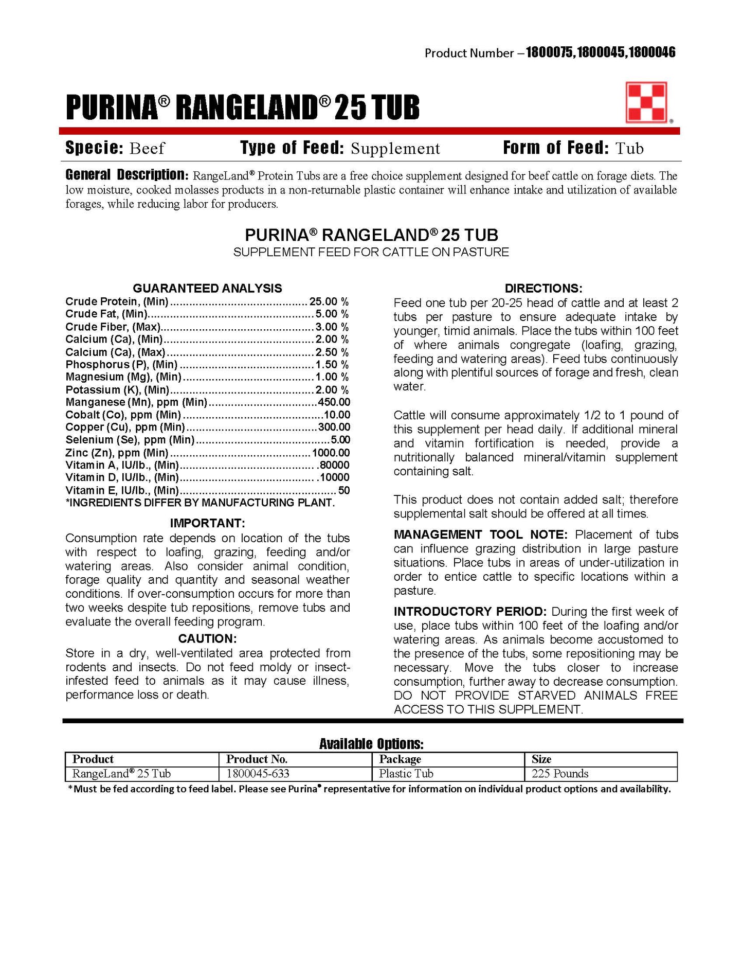 Purina RangeLand 25 LW34 - 225lb Tub