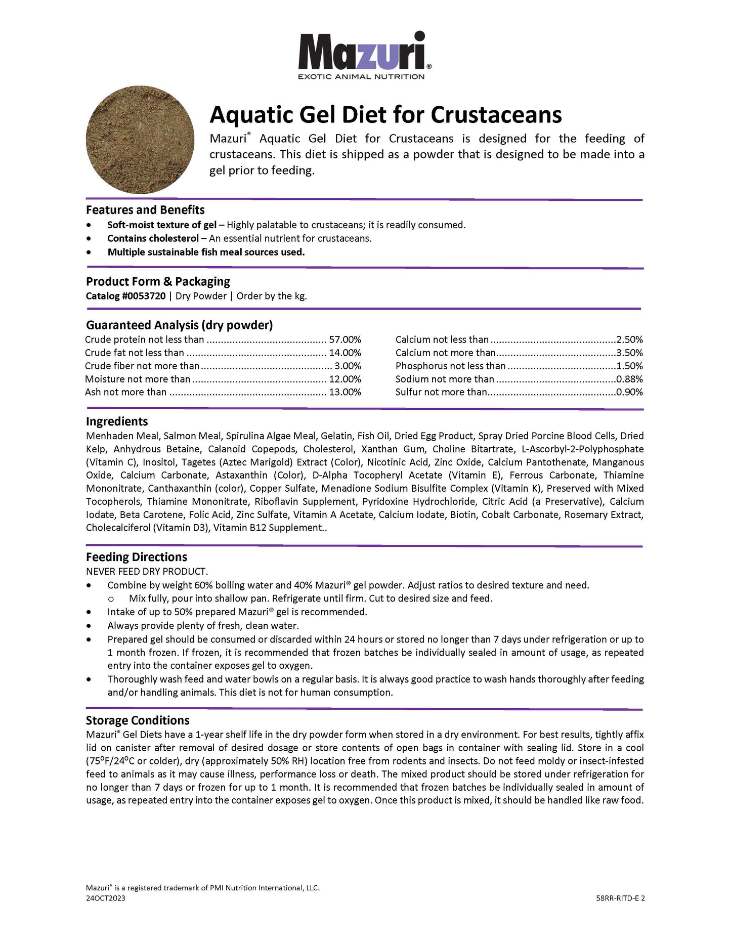Mazuri Aquatic Gel Diet for Crustaceans 58RR - 1kg