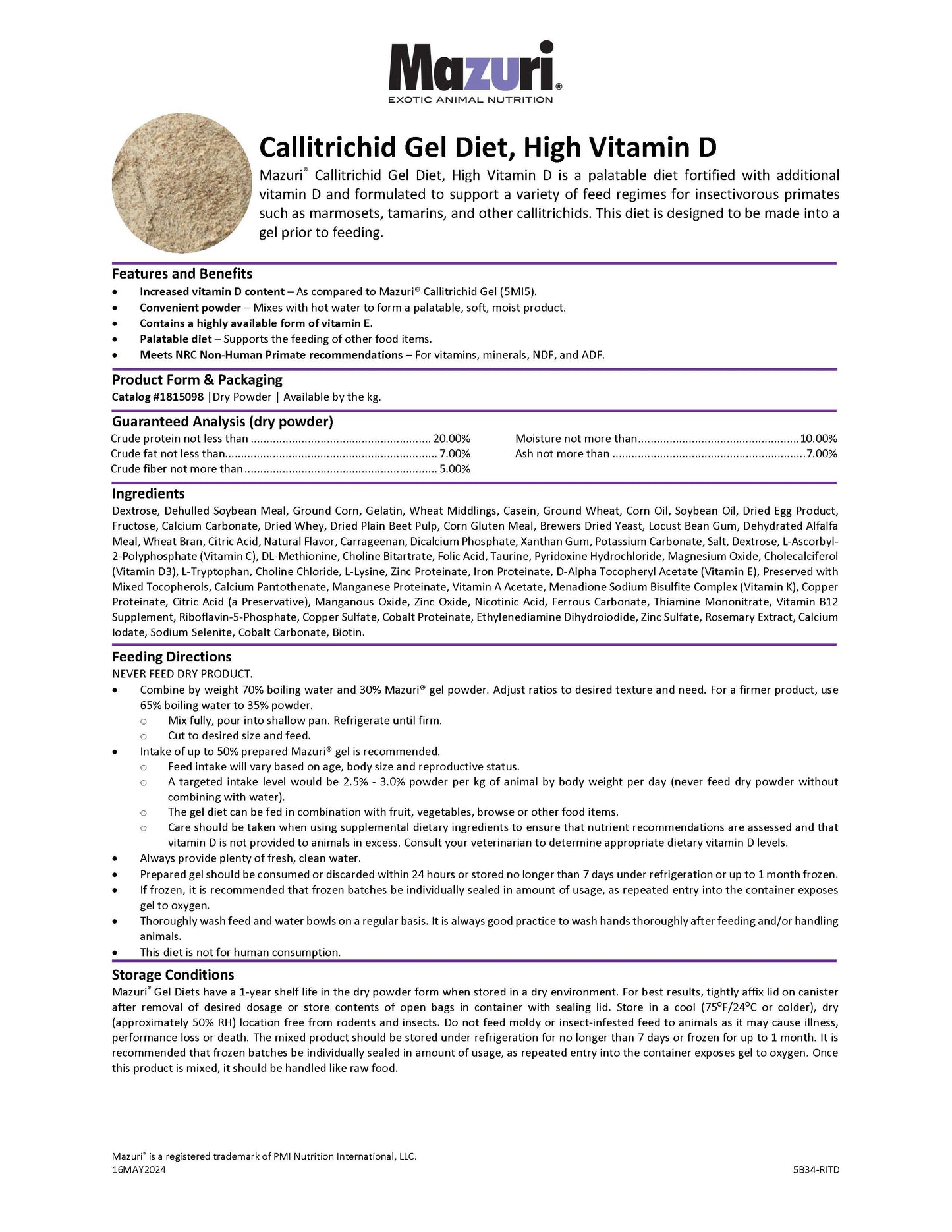 Mazuri Callitrichid Gel Diet, High Vitamin D 5B34 - 1kg