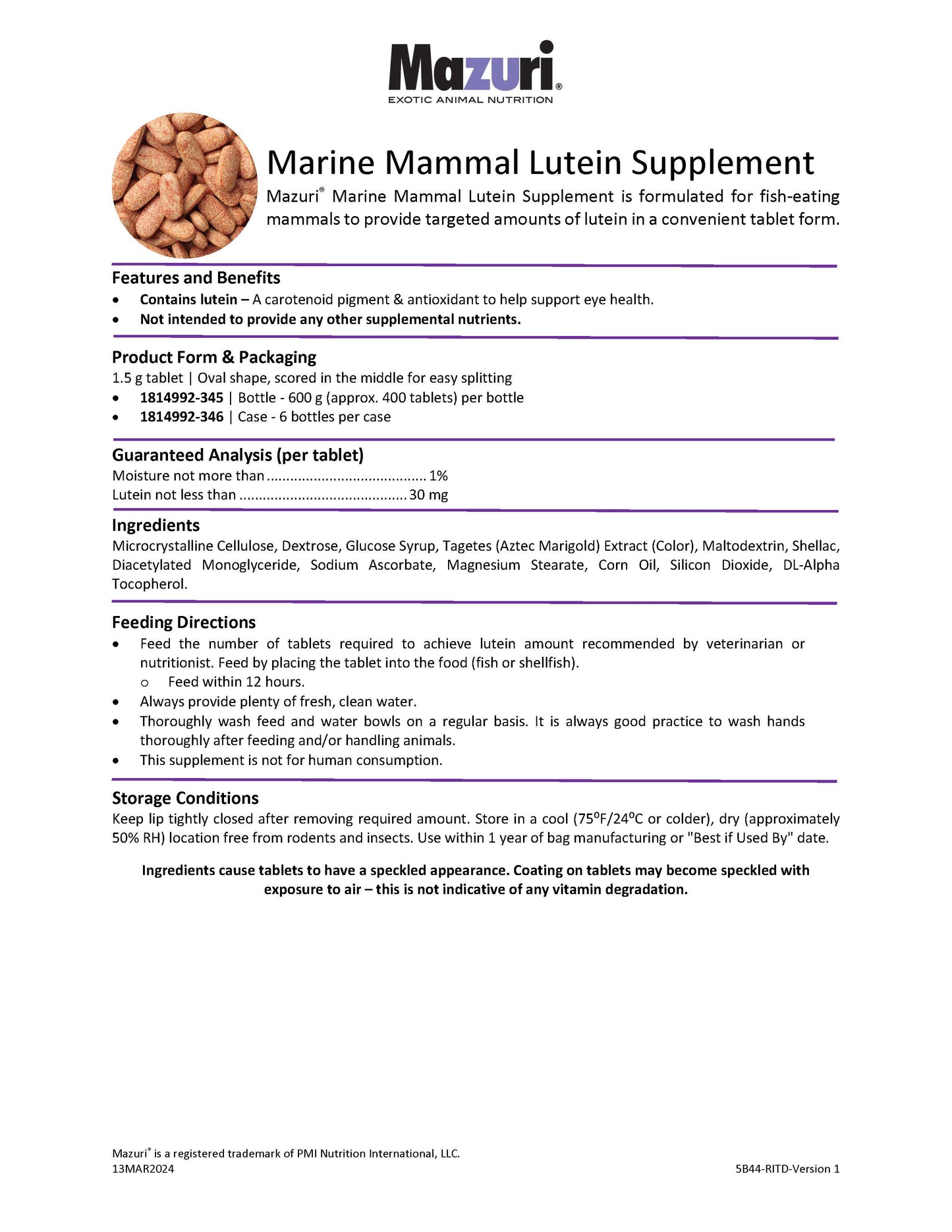 Mazuri Mammal Lutein Supplement 5B44 - 1 Bottle