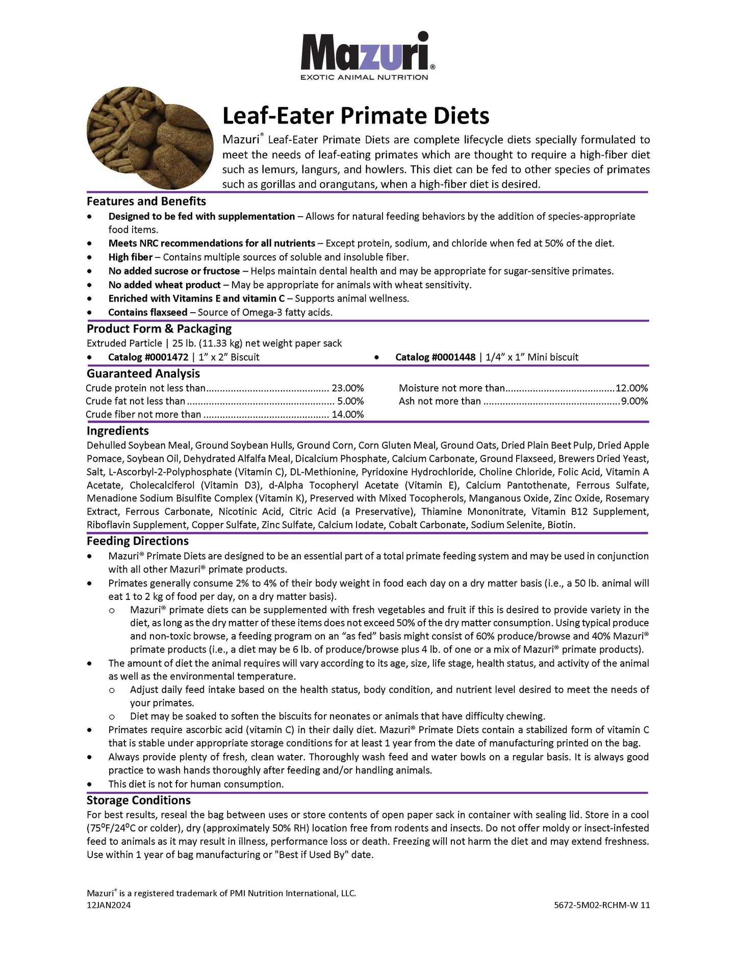 Mazuri Leaf-Eater Primate Diet Mini Biscuit 5672 - 25lb