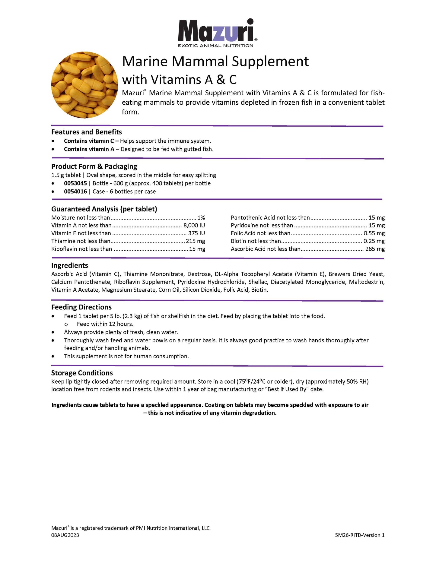 Mazuri Marine Mammal Supplement with Vitamins A & C 5M26 - 6 Bottle Per Case