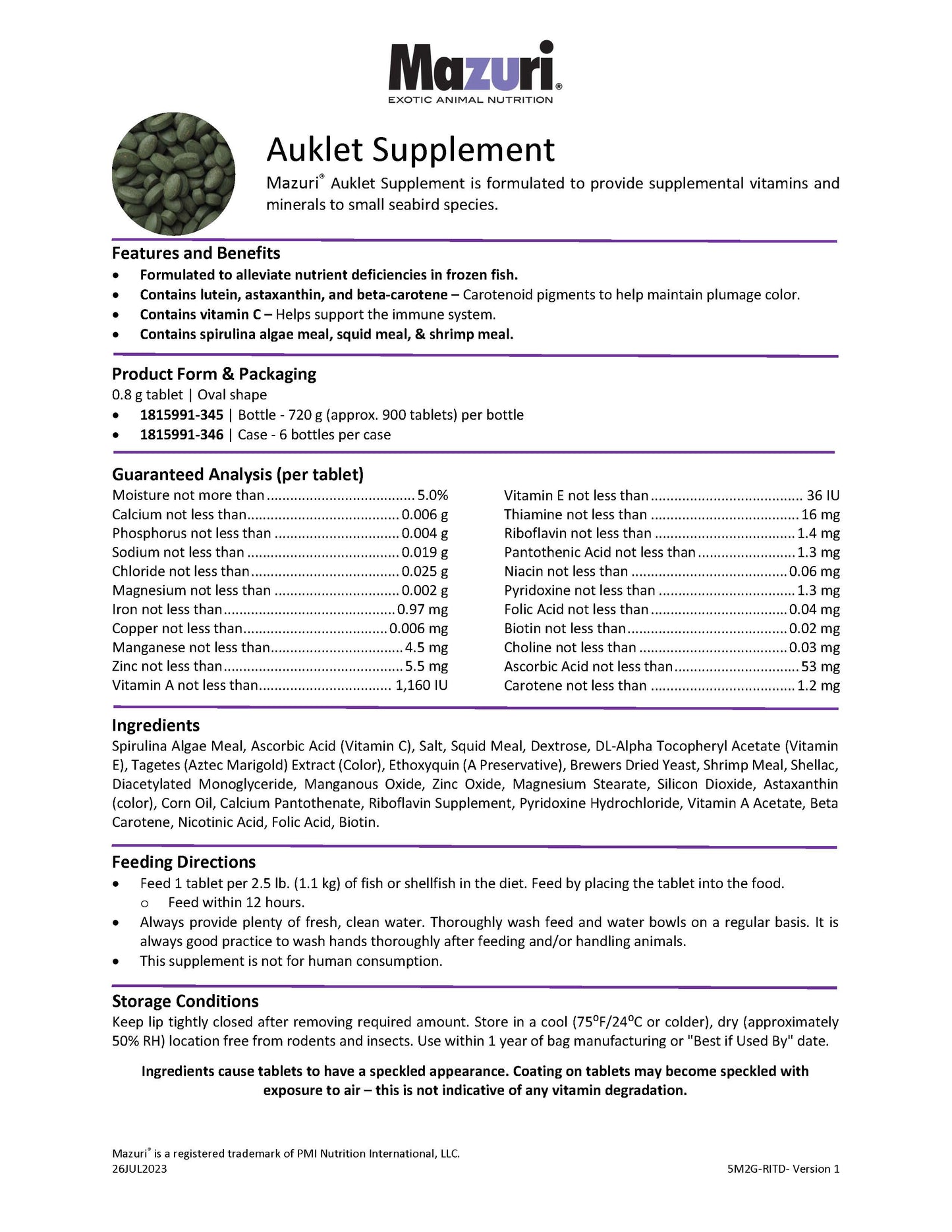 Mazuri Auklet Supplements 0.8 g Tablet 5M2G - 1 Bottle