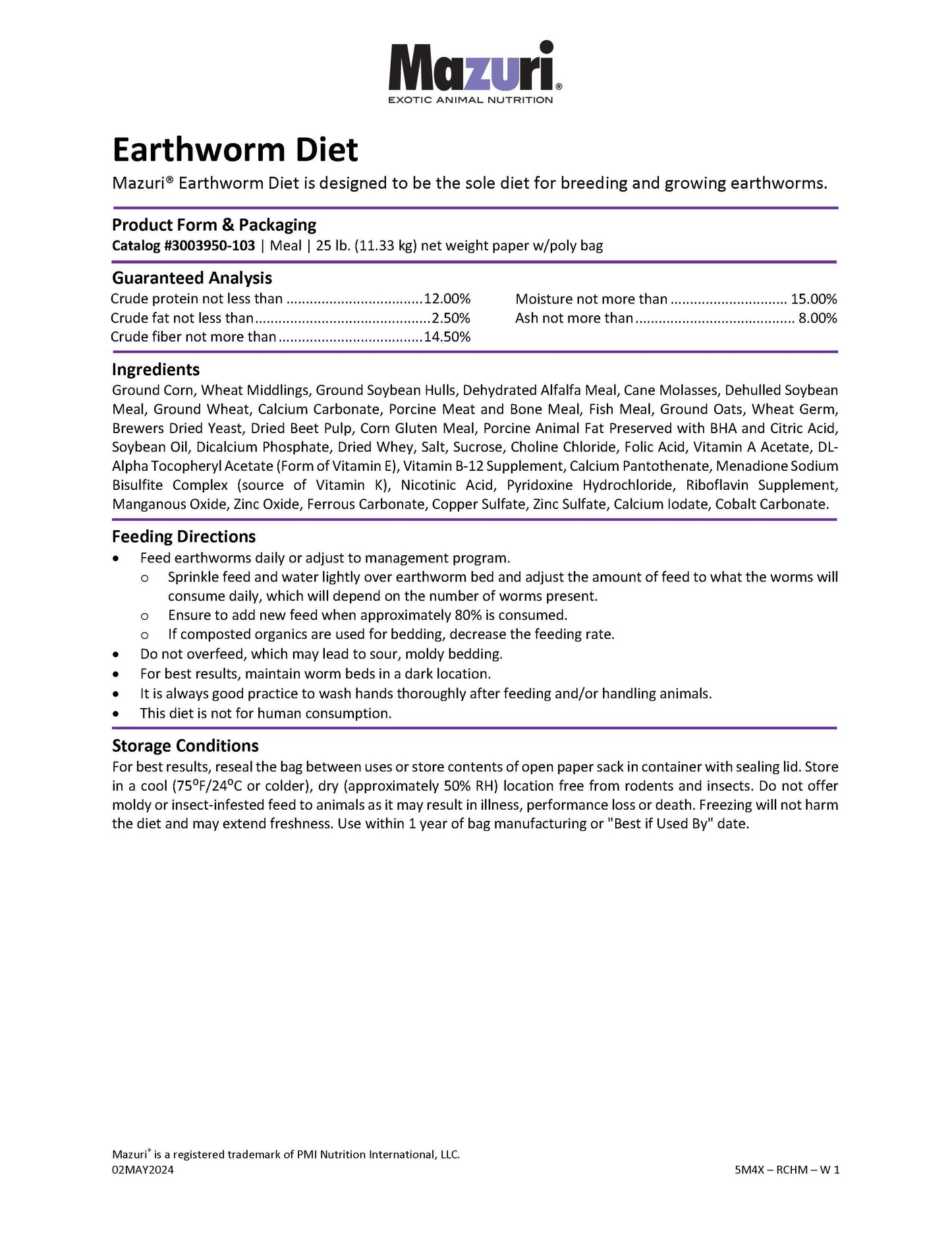 Mazuri Earthworm Diet 5M4X - 25lb