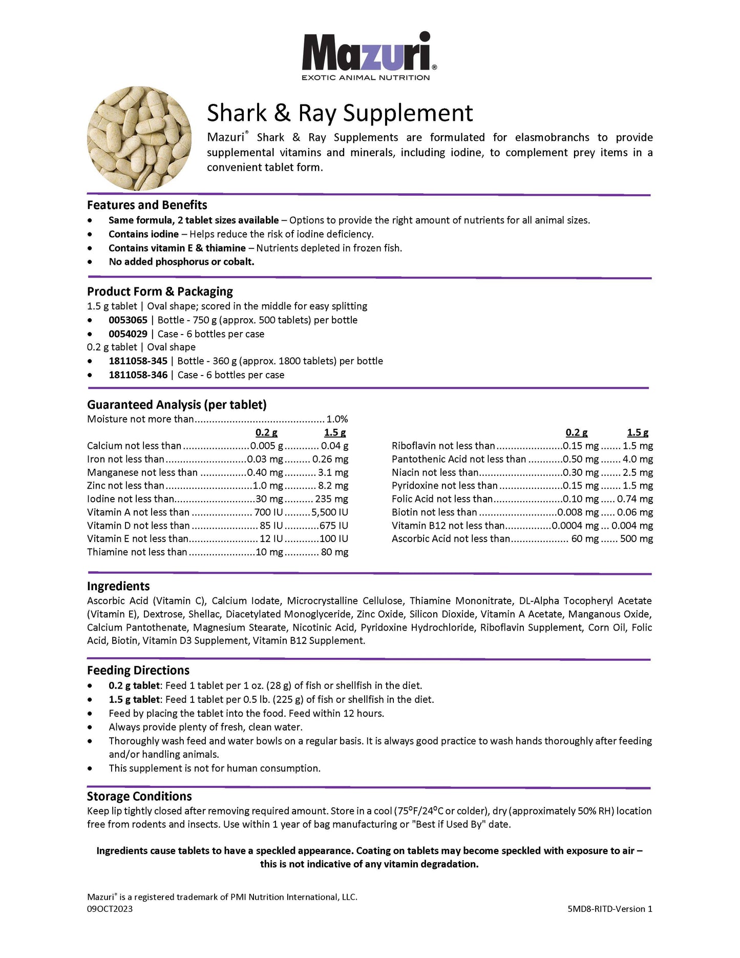 Mazuri Shark & Ray Supplement 1.5g 5MD8 - 6 Bottles Per Case