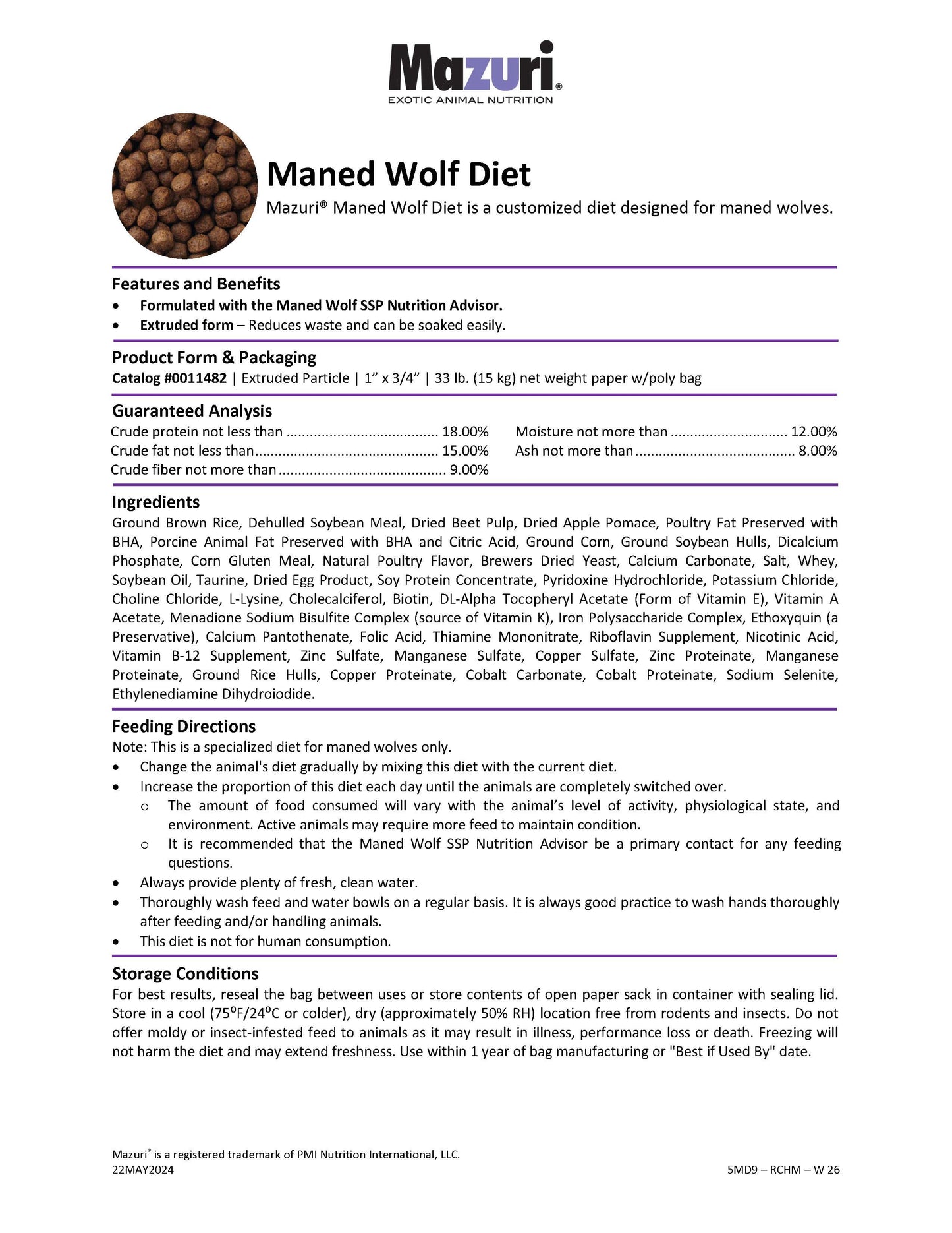 Mazuri Maned Wolf Diet 5MD9 - 33lb