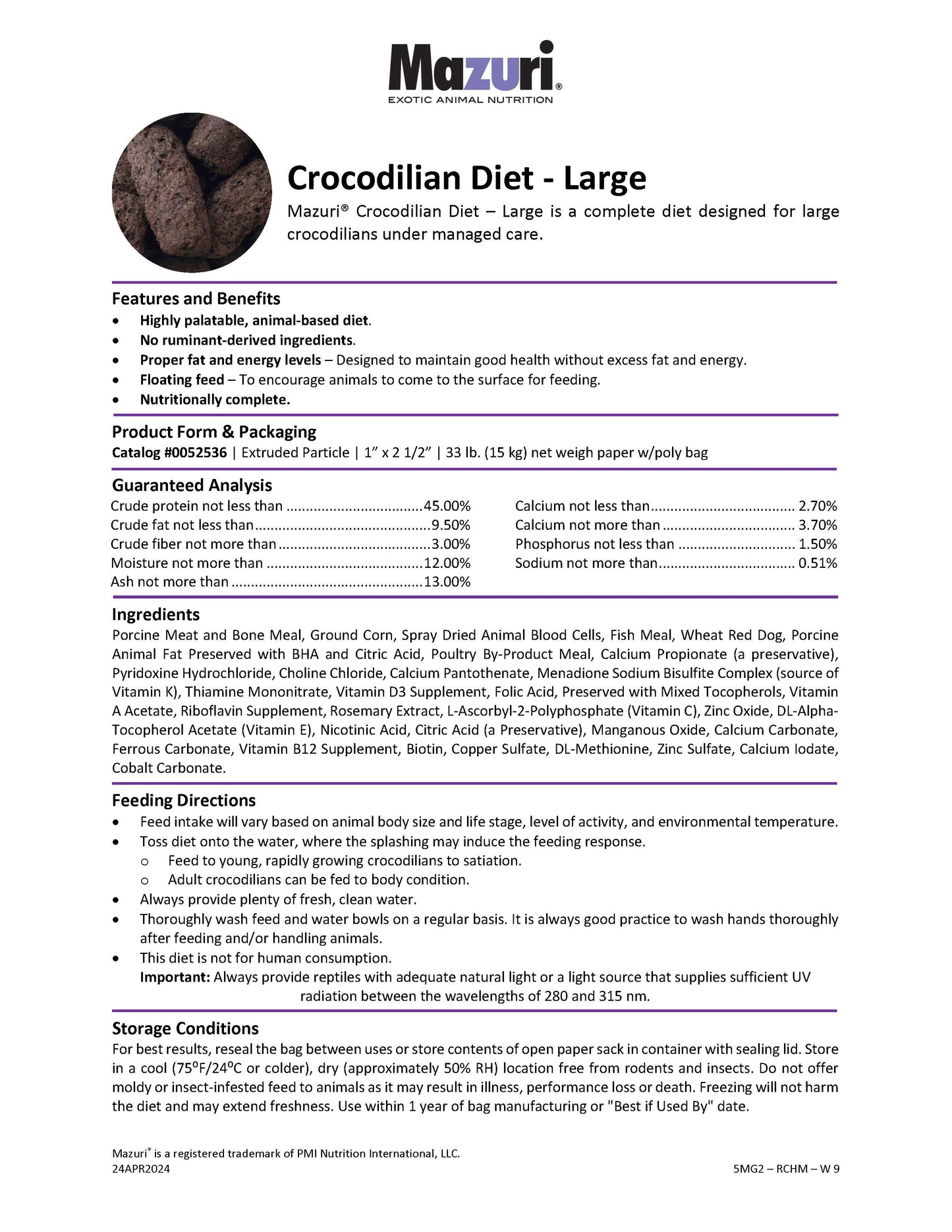 Mazuri Crocodilian Diet Large 5MG2 - 33lb