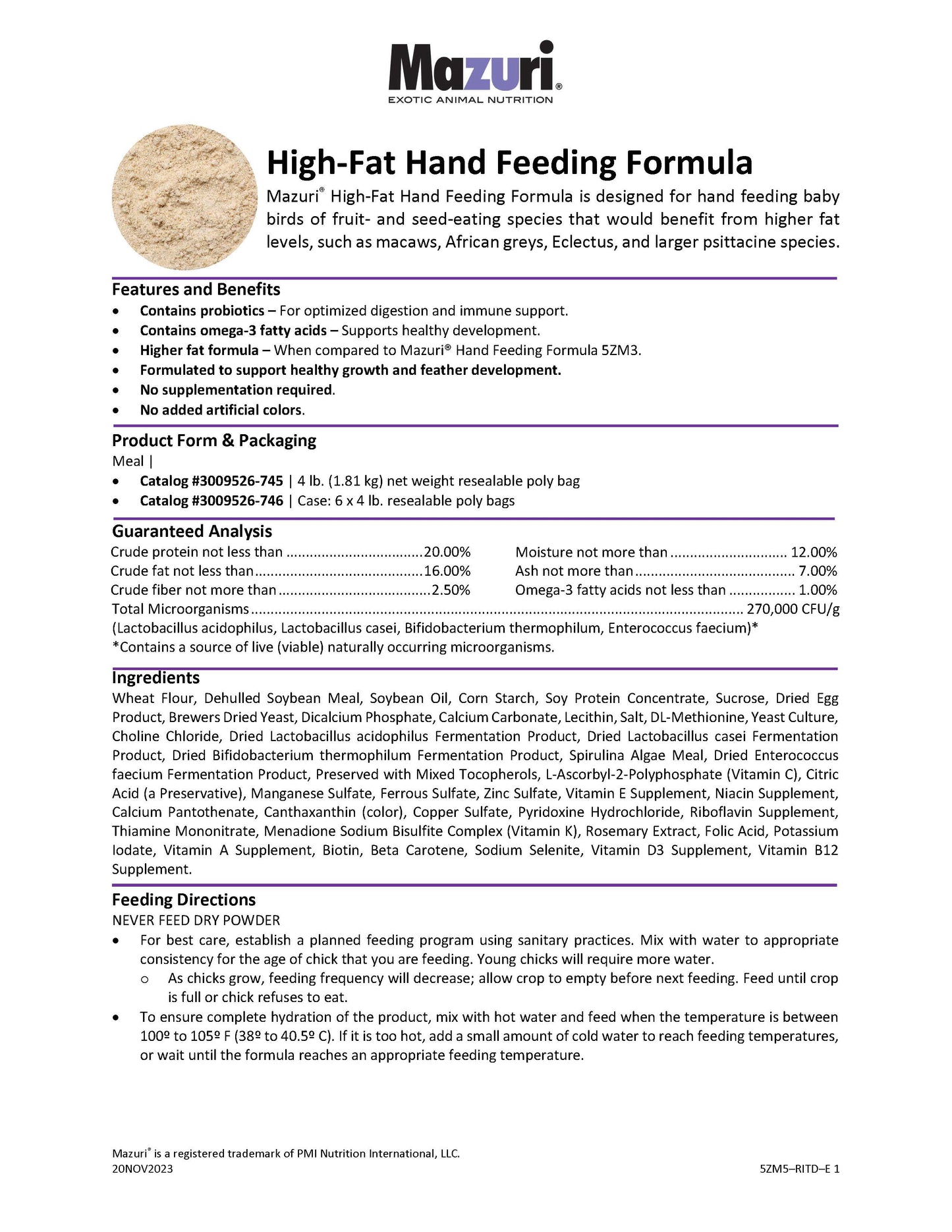 Mazuri High-Fat Hand Feeding Formula 5ZM5 - 4lb