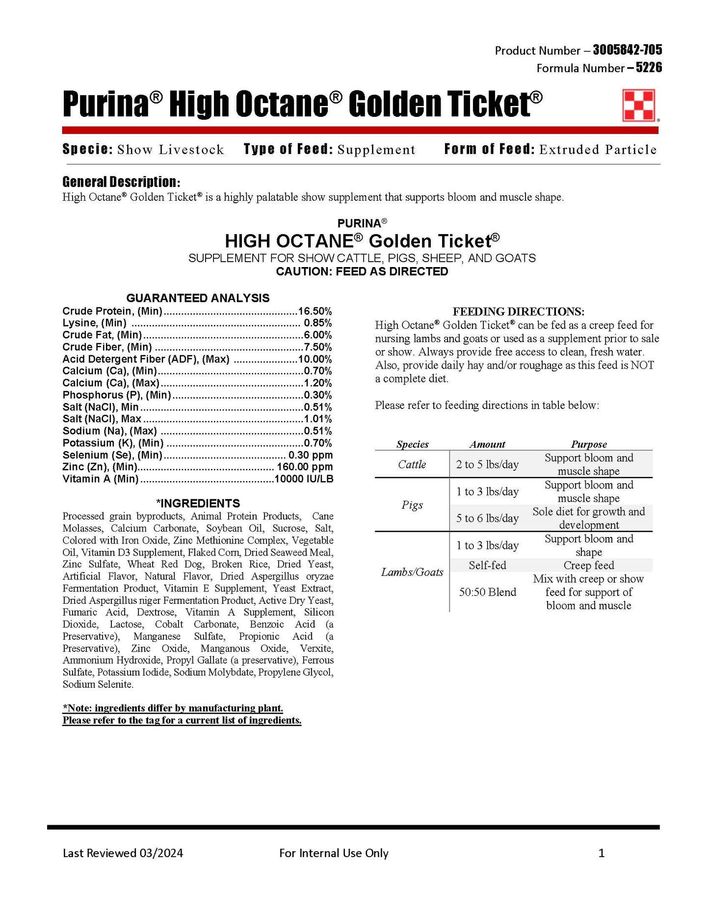 Purina High Octane Golden Ticket 5226 - 40lb
