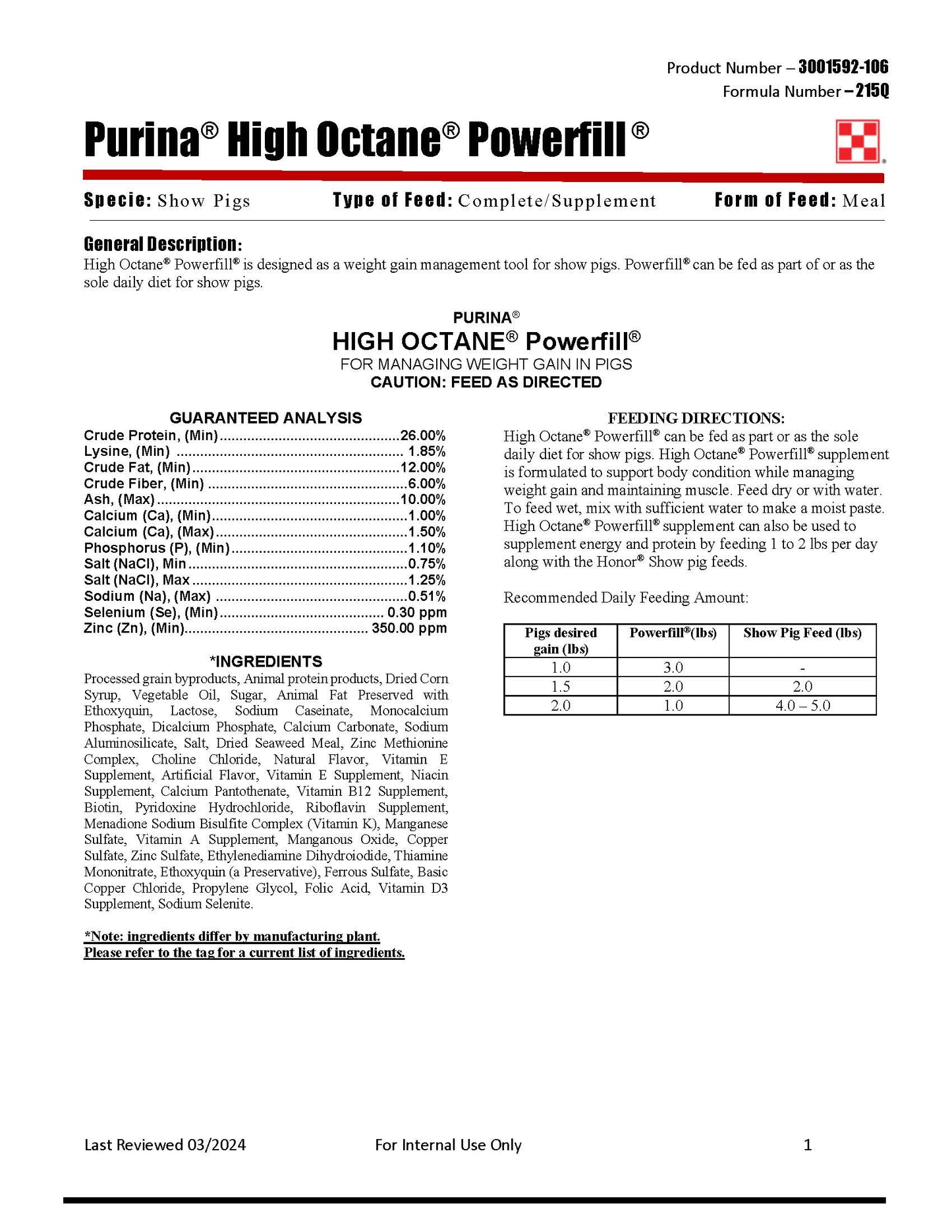 Purina High Octane Powerfill 215Q - 50lb