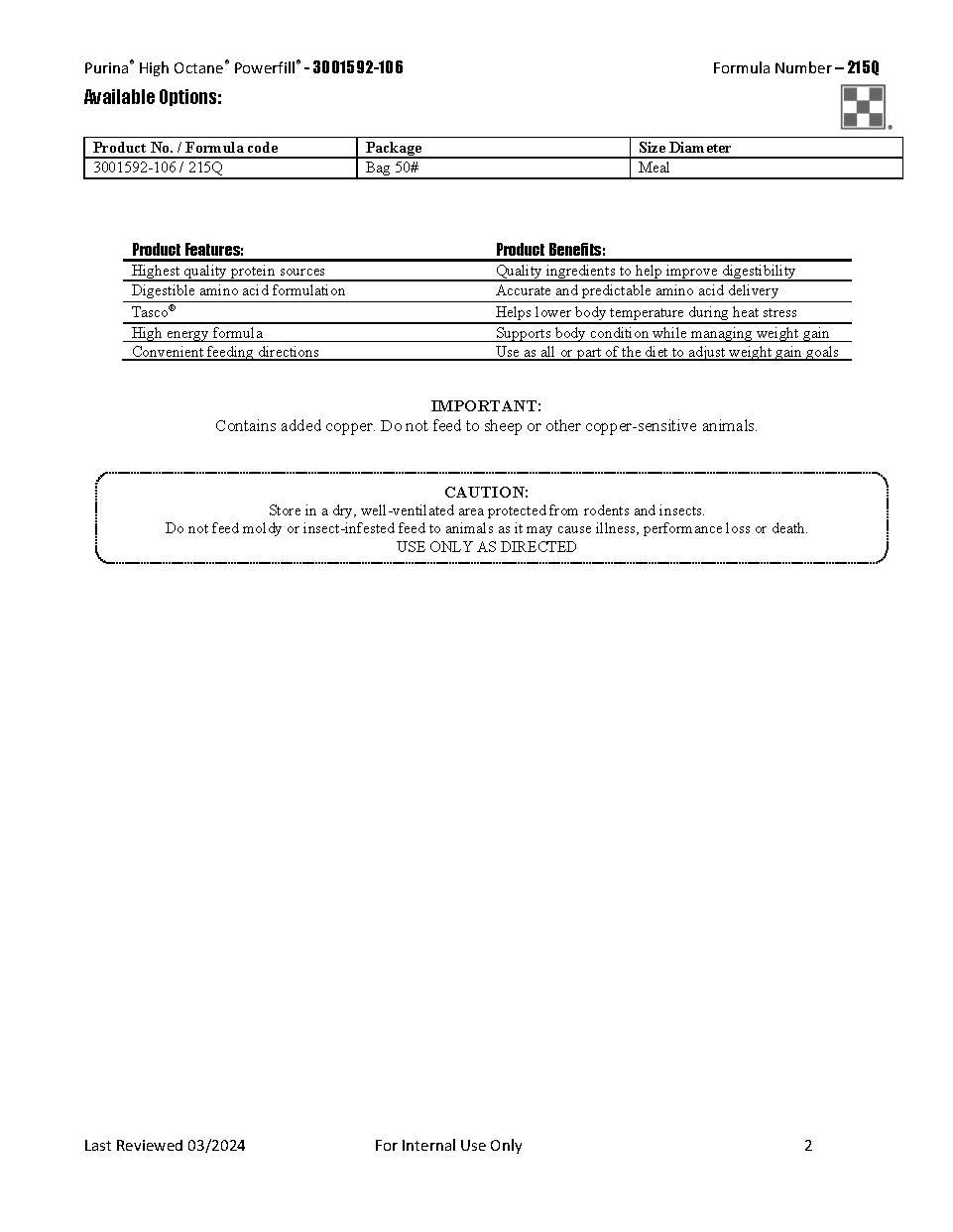 Purina High Octane Powerfill 215Q - 50lb