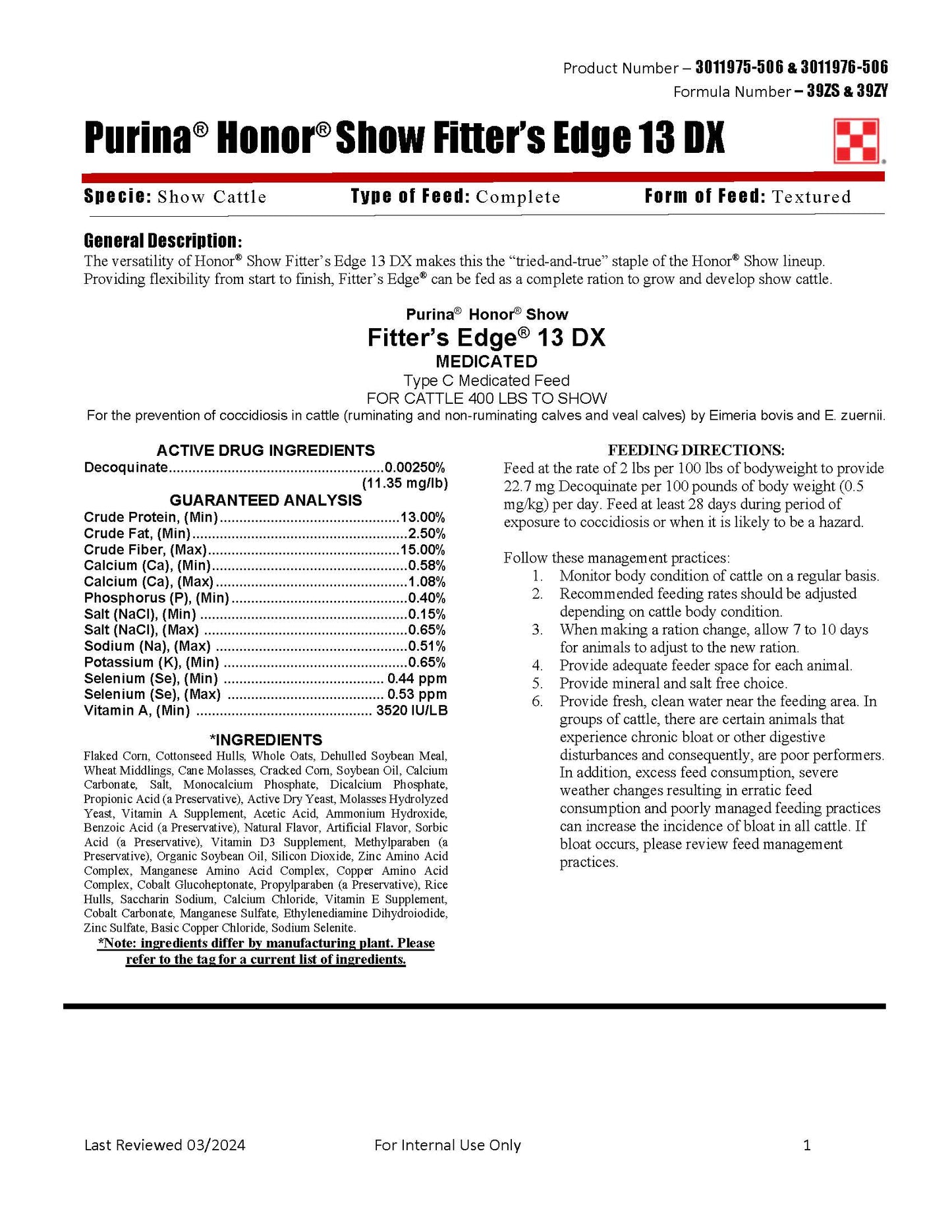 Purina Honor Show Fitter's Edge FLK 13 DX 39ZS - 50lb