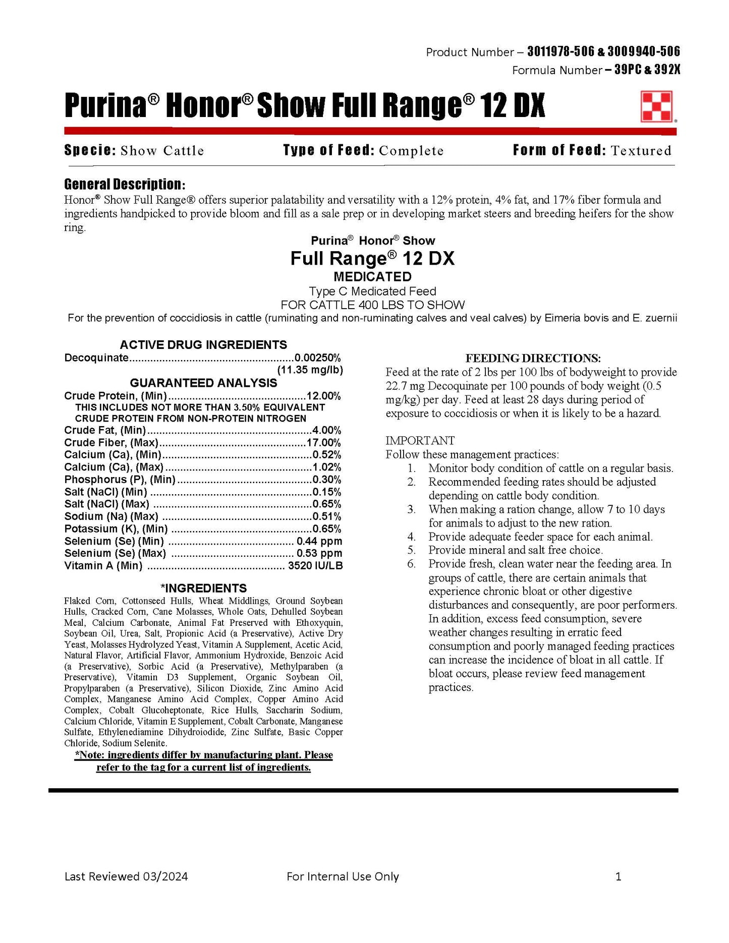 Purina Honor Show Full Range 12 DX 39PC - 50lb