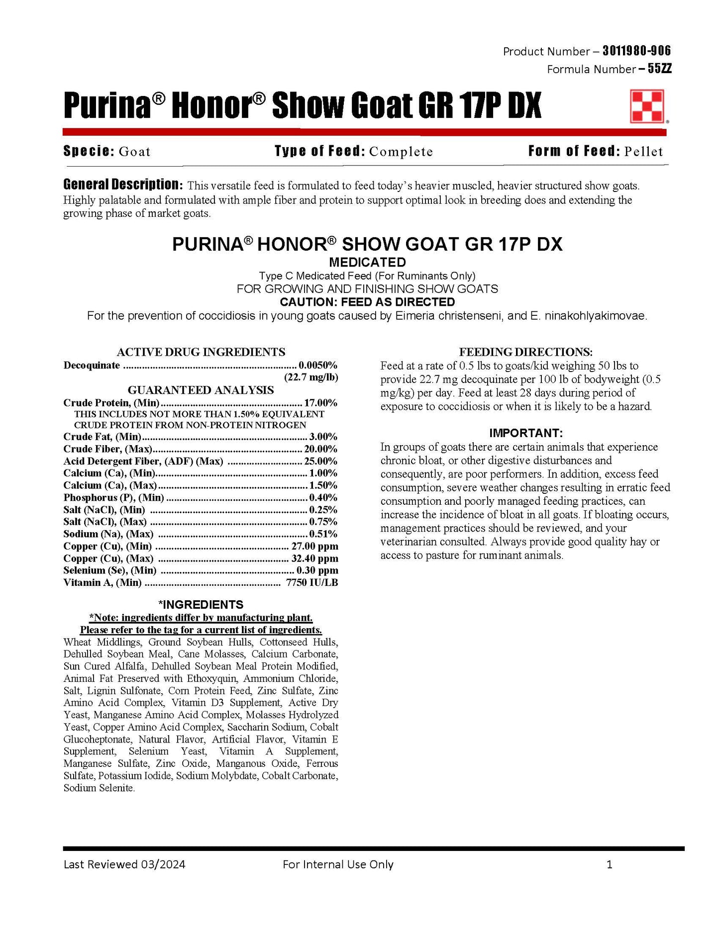 Purina Honor Show Goat GR 17P DX 55ZZ - 50lb