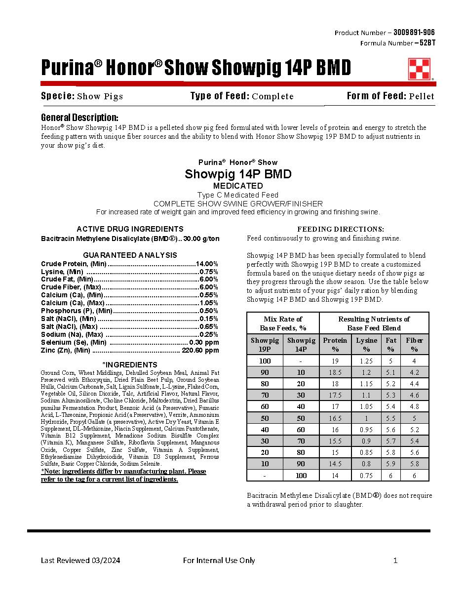 Purina Honor Show Pig 14P BMD 52BT - 50lb