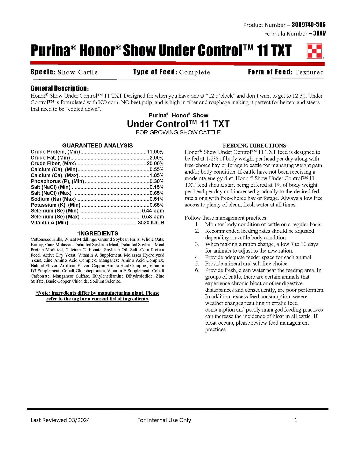 Purina Honor Show Under Control 11 38XV - 50lb