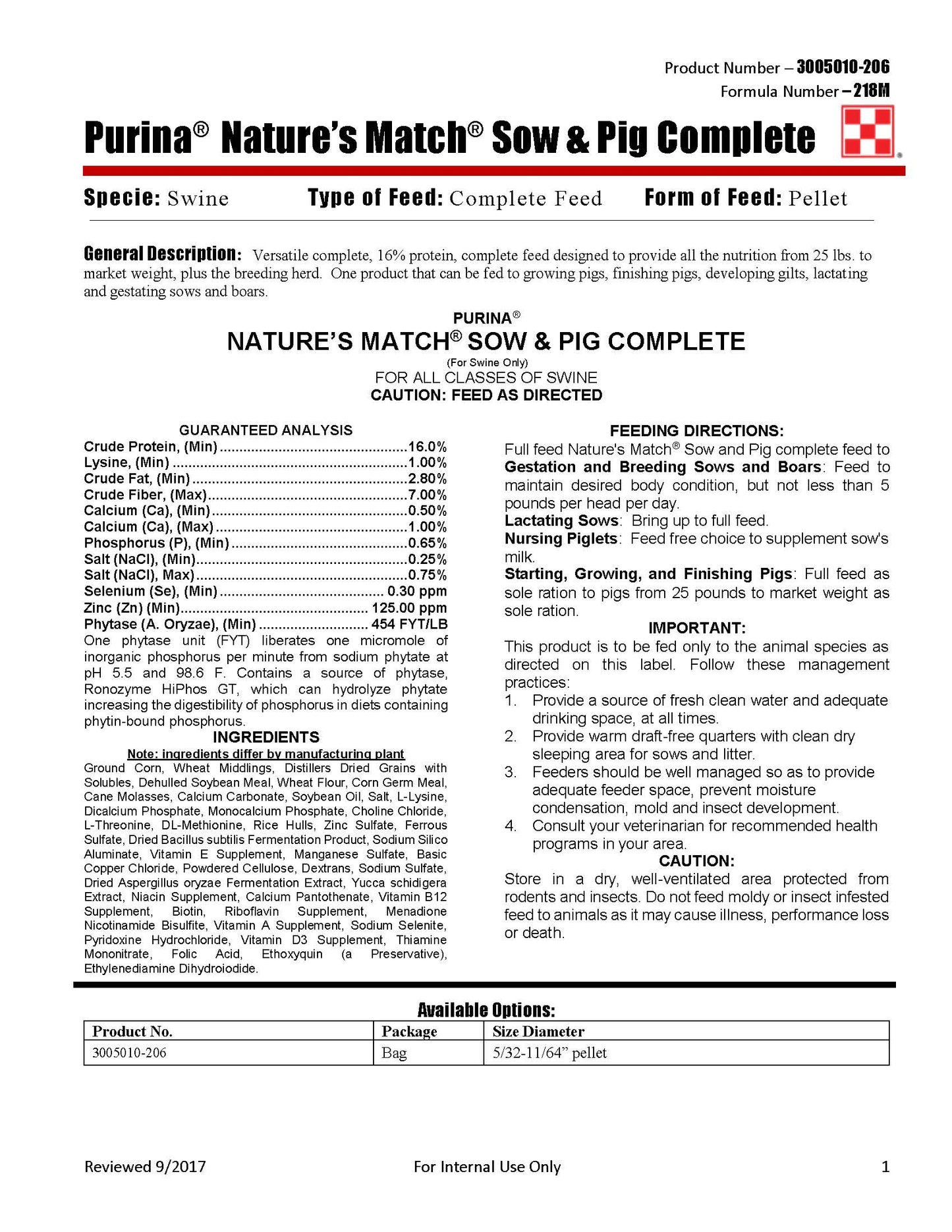 Purina Nature's Match Sow & Pig Complete 218M - 50lb