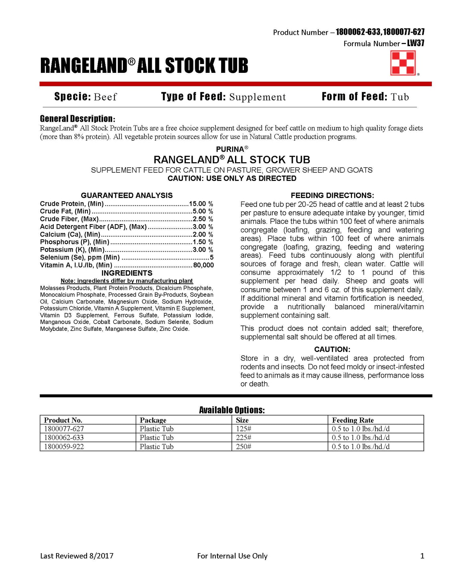 Purina RangeLand AllStock LW37 - 125lb Tub