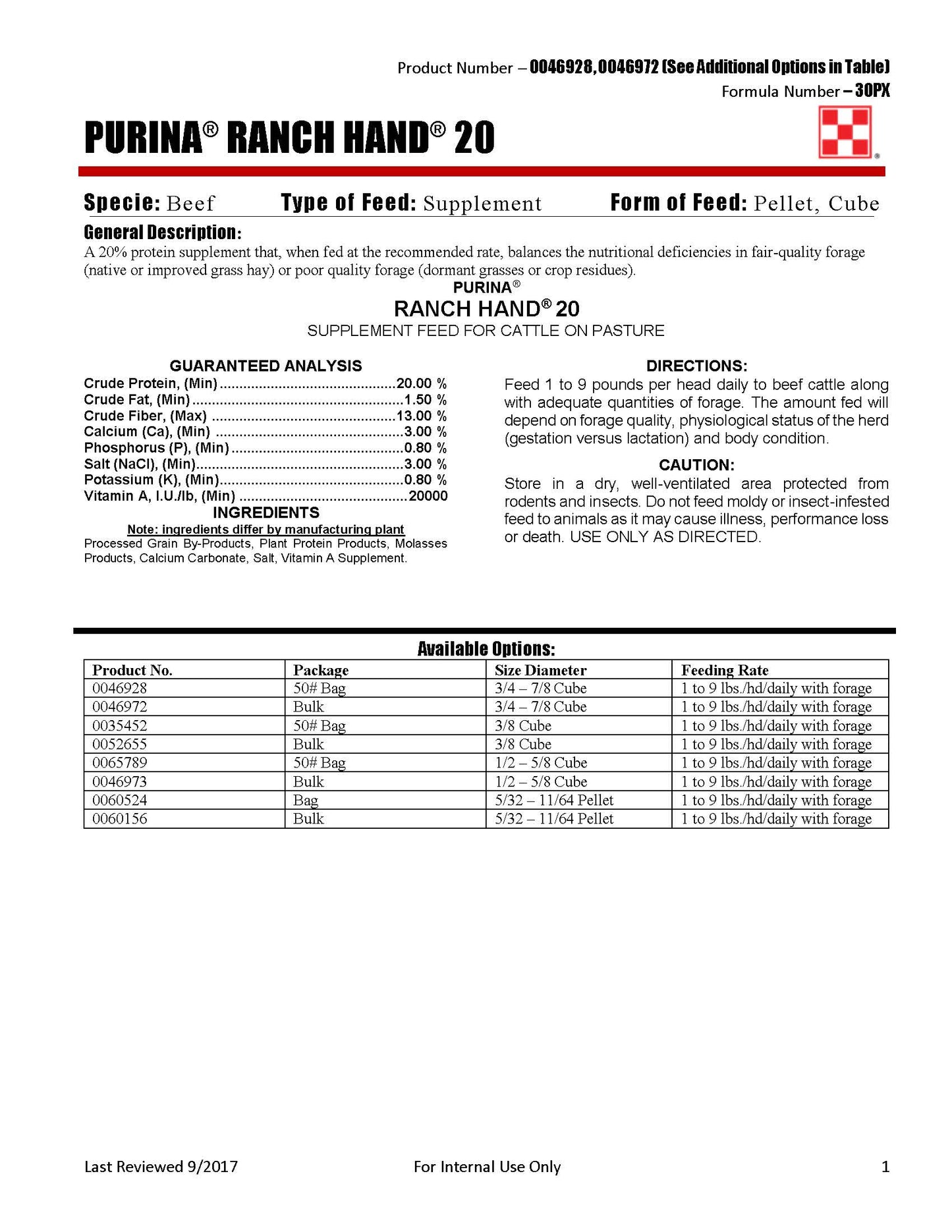 Purina Ranch Hand 20 Cube 3/4-7/8 30PX - 50lb