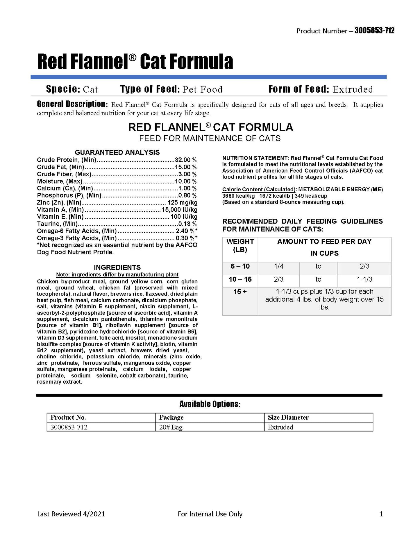 Red Flannel Cat Formula 473B - 20lb