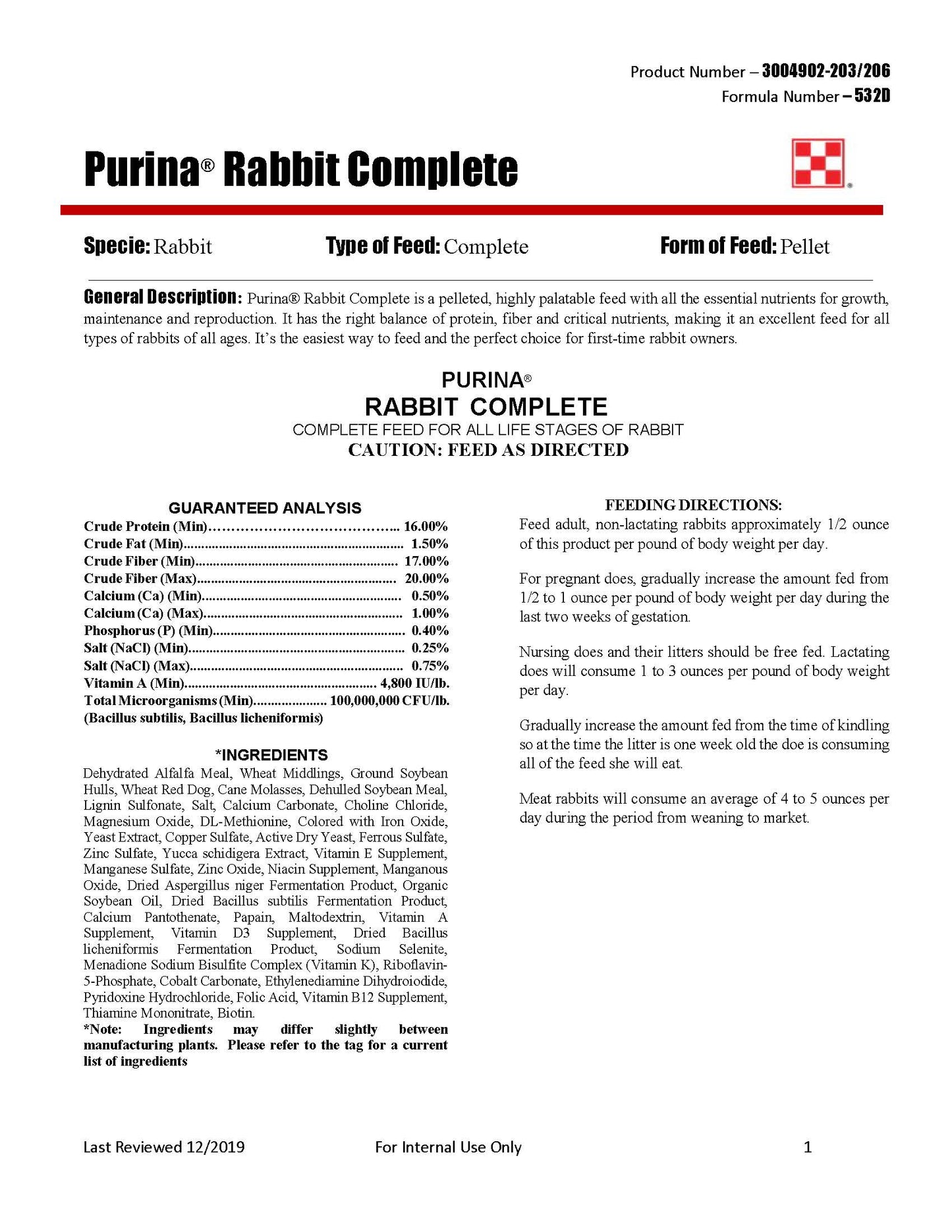Purina Complete Rabbit Feed 532D - 25lb