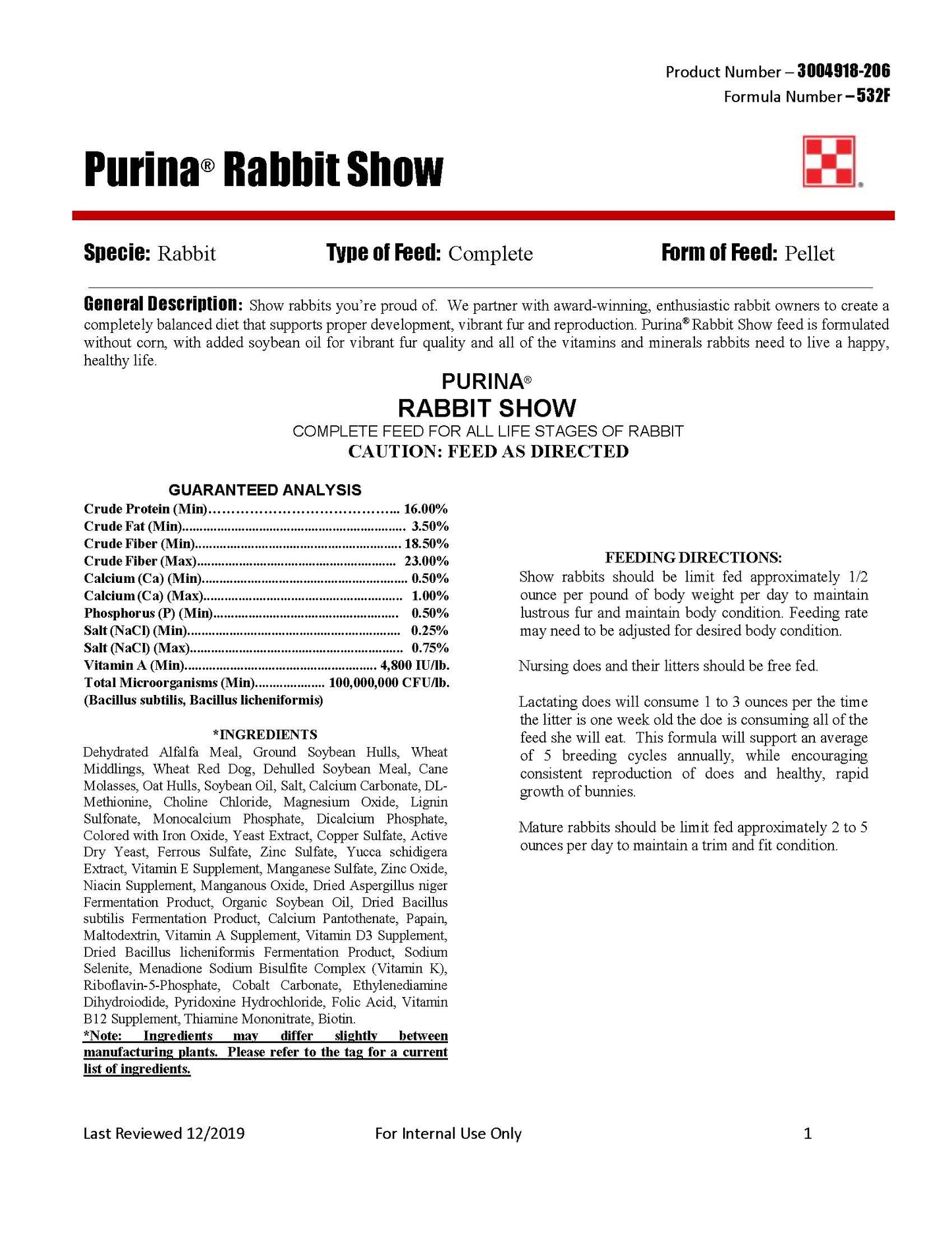 Purina Show Rabbit Feed 532F - 50lb