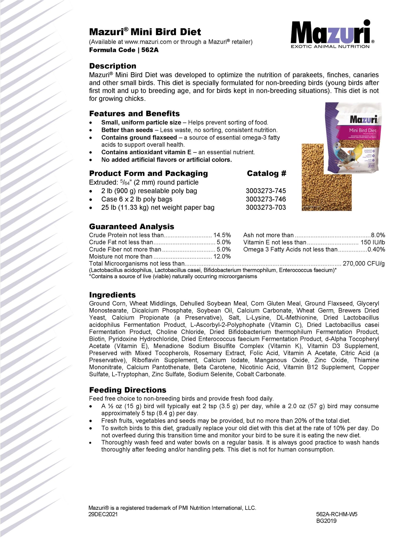 Mazuri Mini Bird Diet 562A - 25lb
