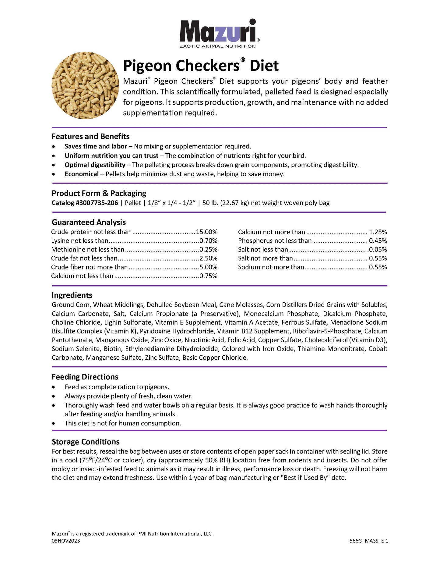 Mazuri Checkers Pigeon Diet 566G - 50lb