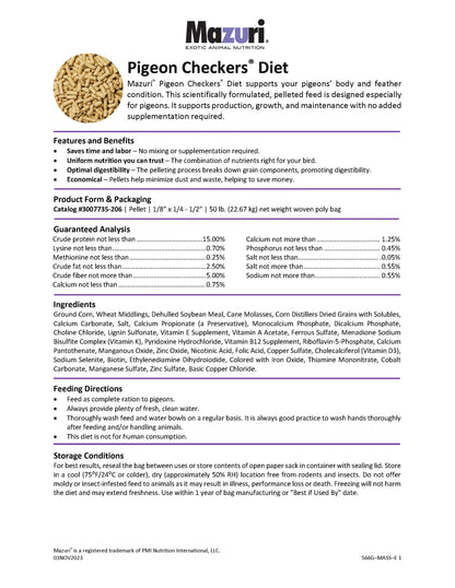 Mazuri Checkers Pigeon Diet 566G - 50lb