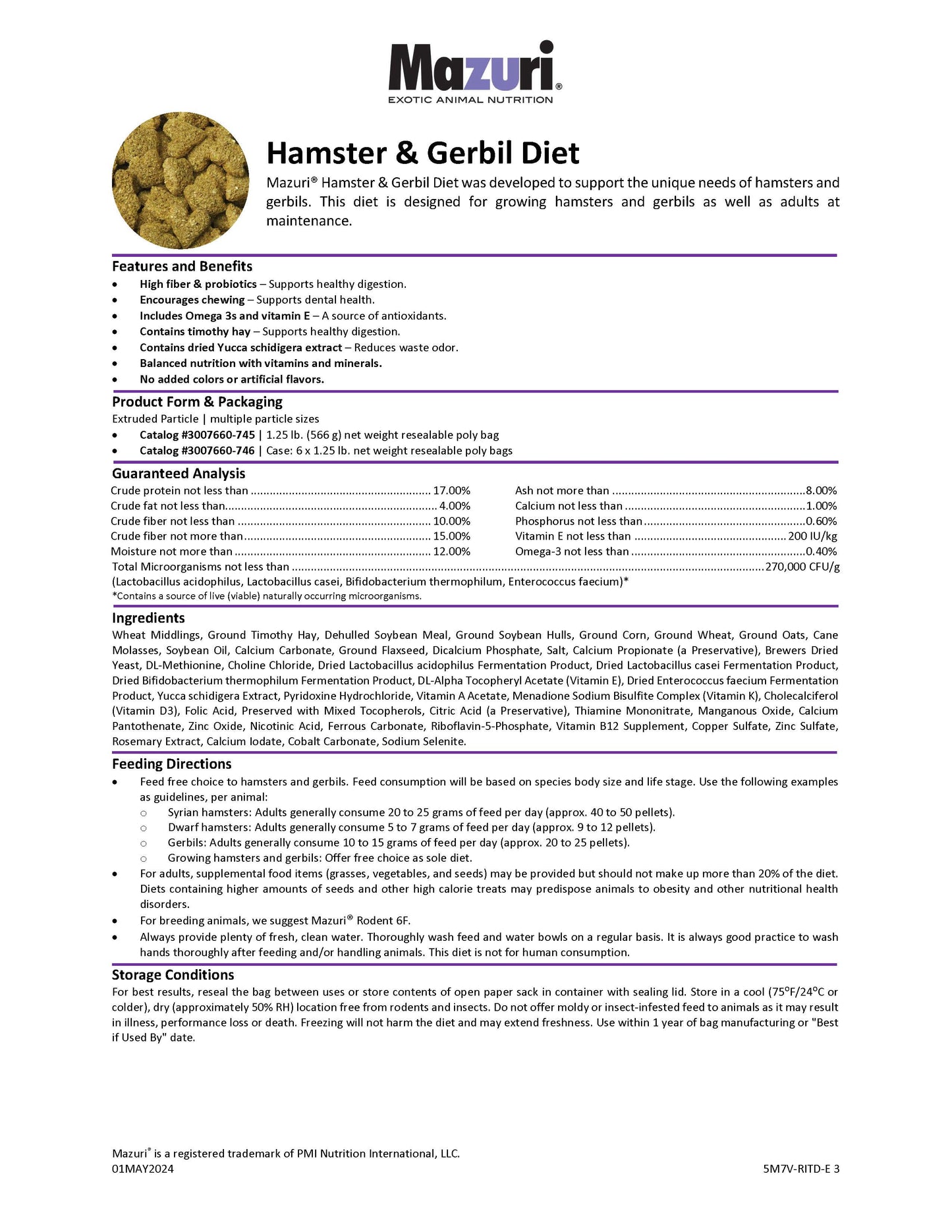 Mazuri Hamster & Gerbil Diet 5M7V - 1.25lb