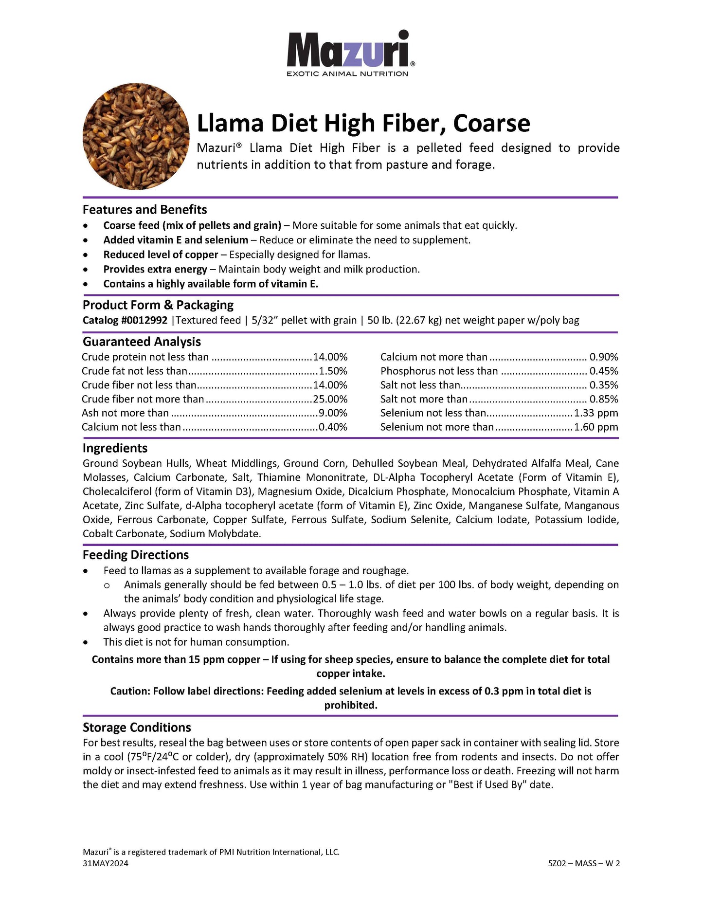 Mazuri Llama Diet High Fiber Coarse 5Z02 - 50lb