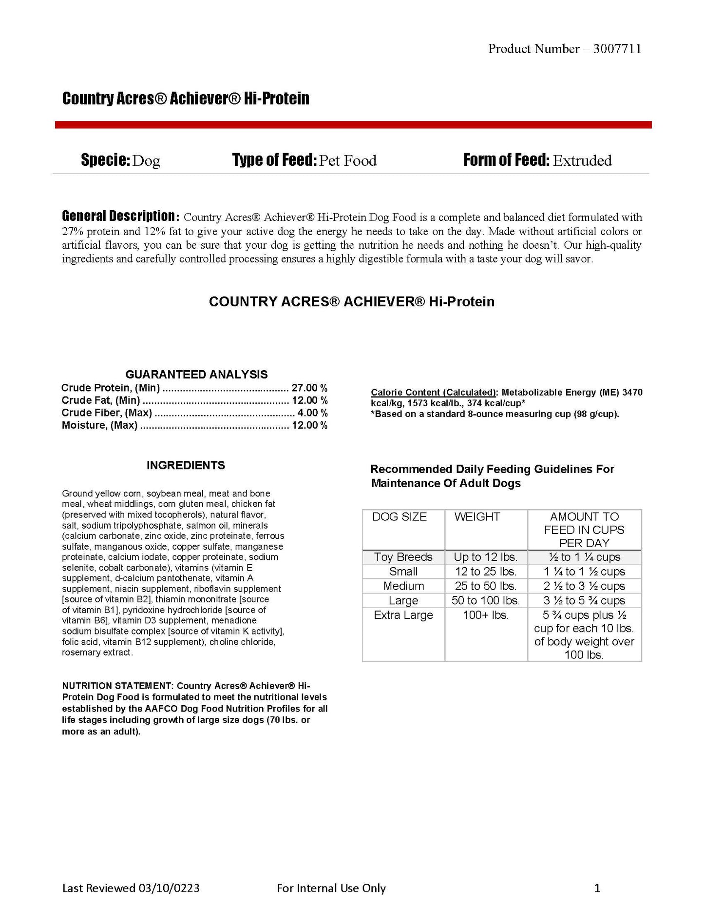 Country Acres Achiever Hi-Protein Dog Food 472R - 50lb