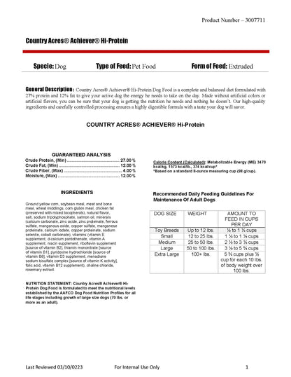 Country Acres Achiever Hi-Protein Dog Food 472R - 50lb
