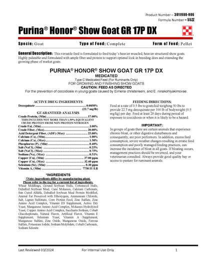 Purina Honor Show Goat GR 17P DX 55ZZ - 50lb