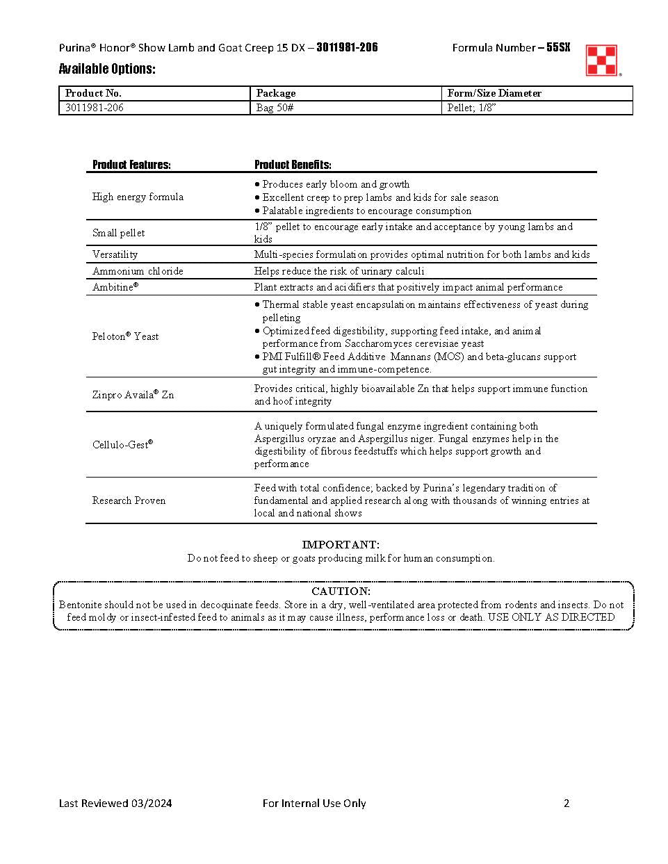 Purina Honor Show Lamb & Goat Creep 15 DX 55SX - 50lb