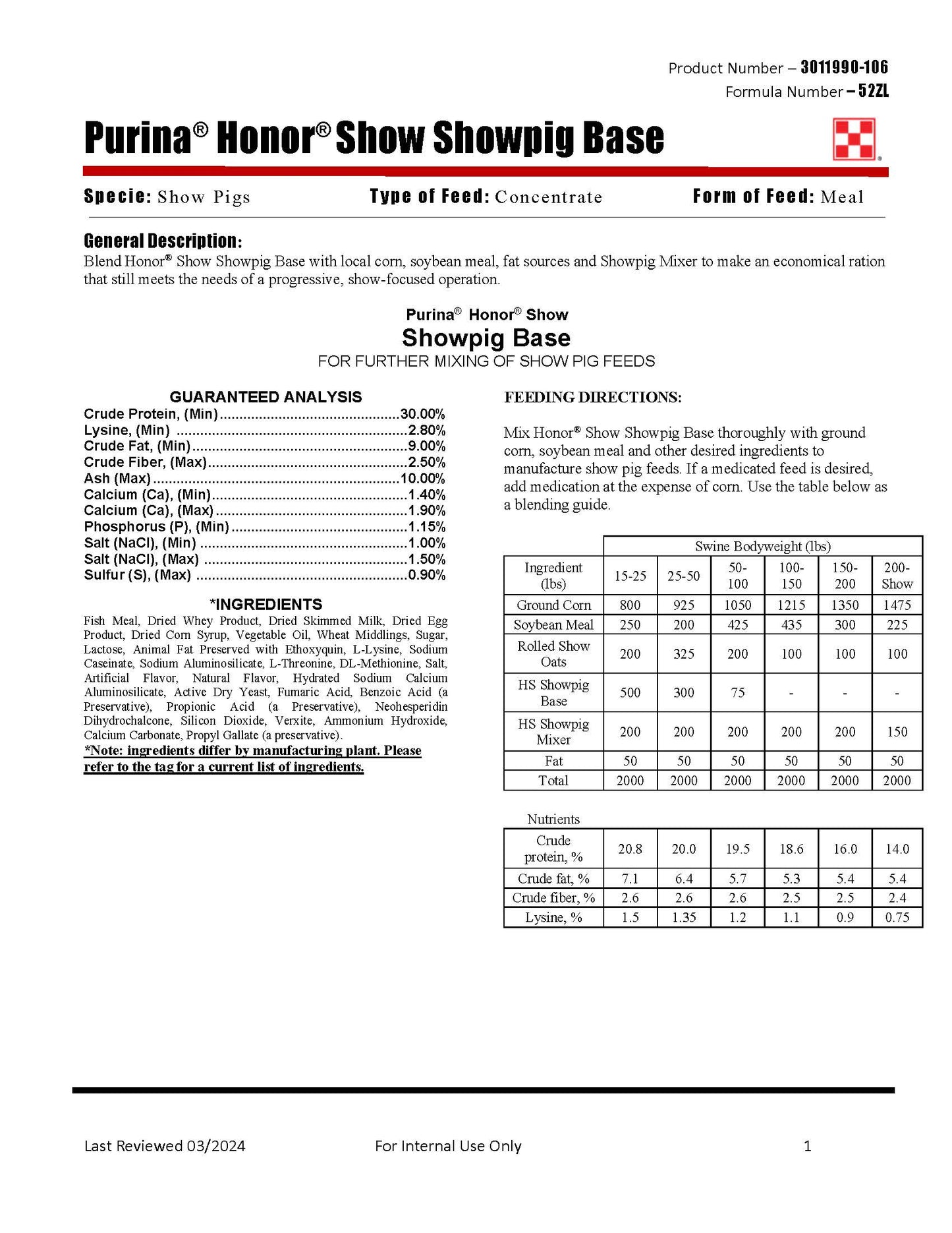 Purina Honor Show Pig Base 52ZL - 50lb