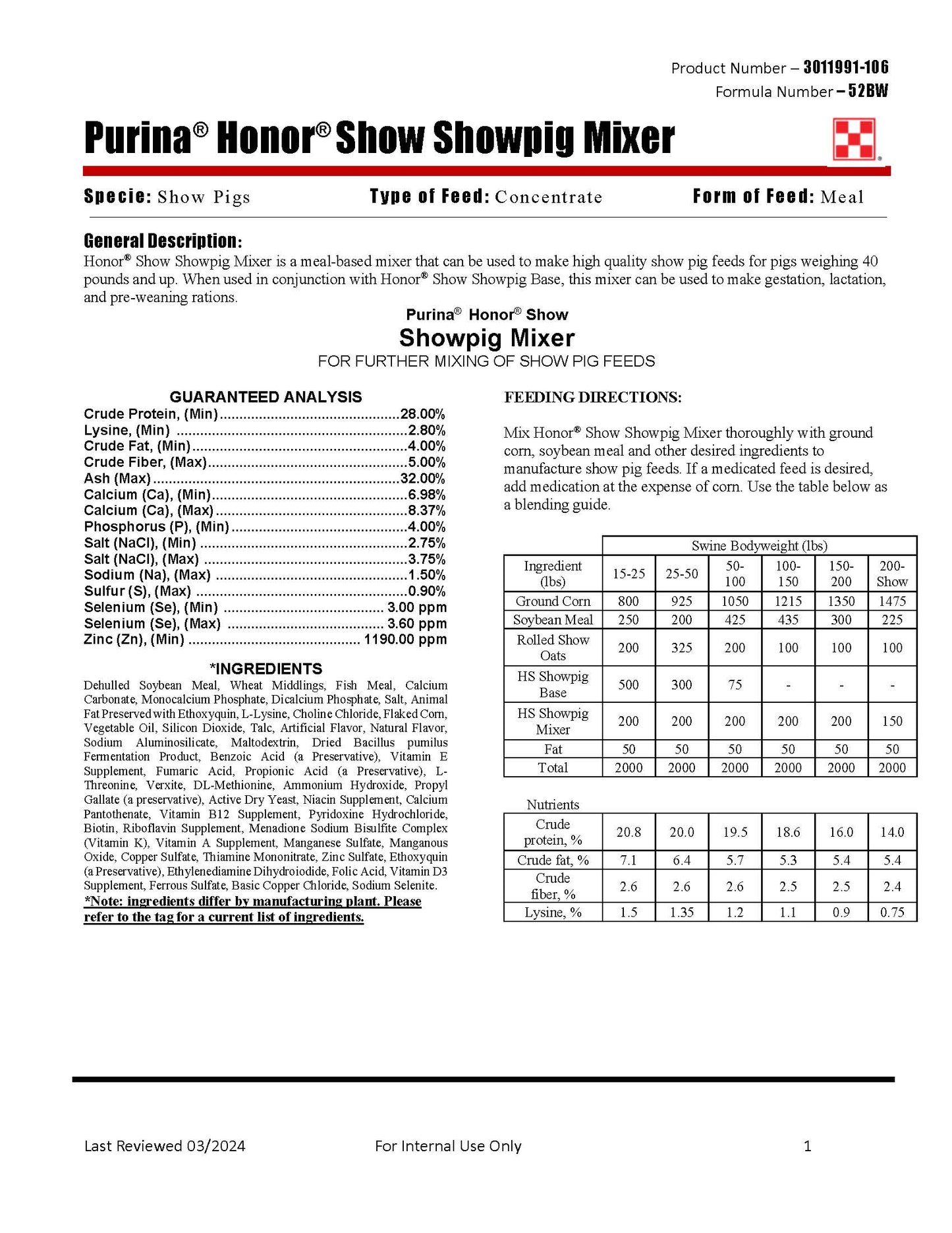Purina Honor Show Pig Mixer 52BW - 50lb