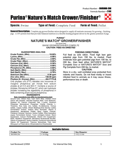 Purina Nature's Match Grower-Finisher 218K - 50lb