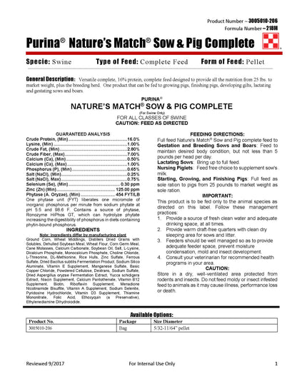 Purina Nature's Match Sow & Pig Complete 218M - 50lb