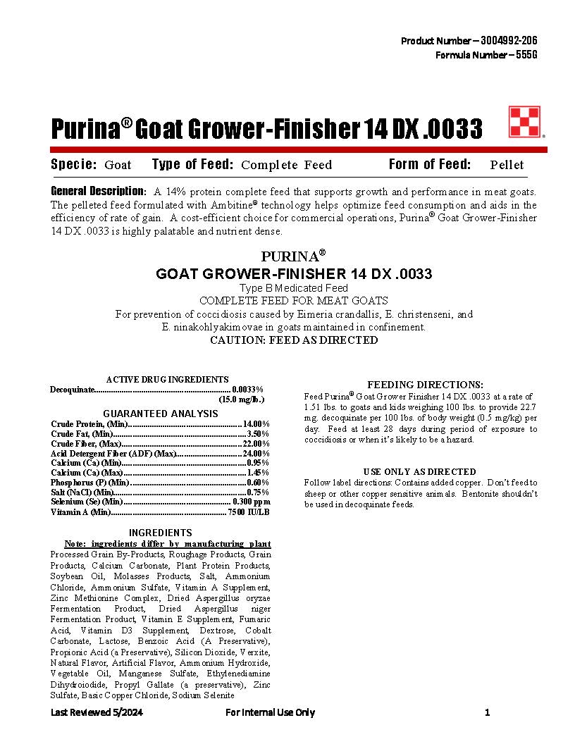 Purina Goat Grow/Fin 14 DX .0033 555G - 50lb