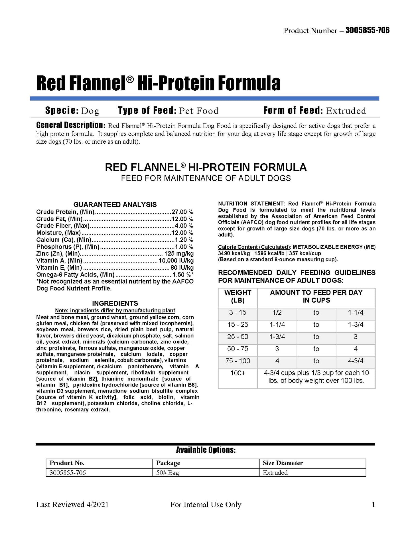 Red Flannel Hi-Protein Formula Dog Food 473D - 50lb