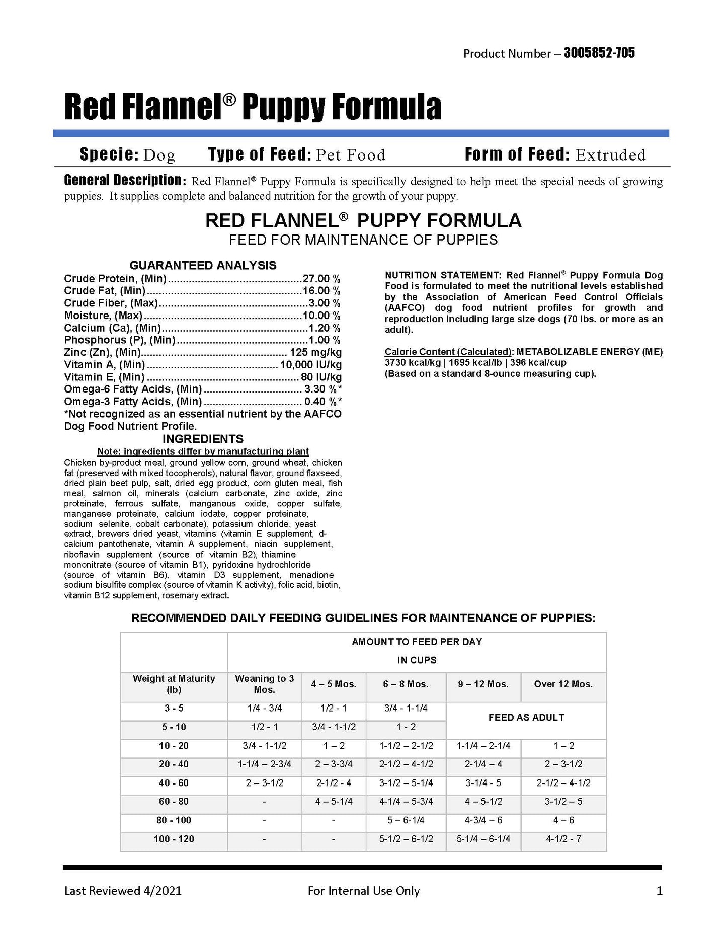 Red Flannel Puppy Dog Formula 473A - 40lb