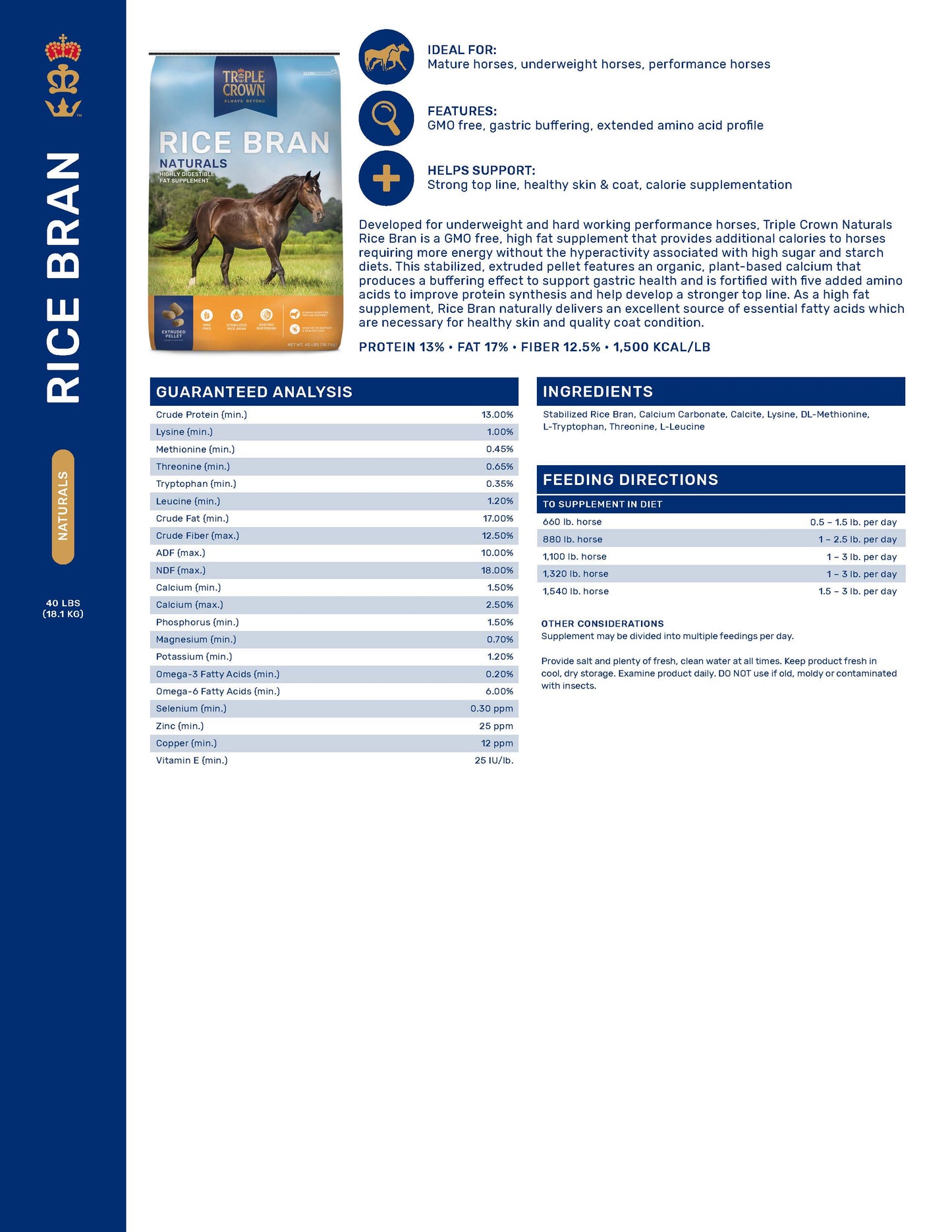 Triple Crown Naturals Rice Bran - 40lb