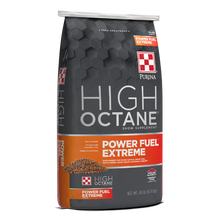 Purina High Octane Power Fuel Extreme Topdress. Gray and orange 40-lb feed bag.